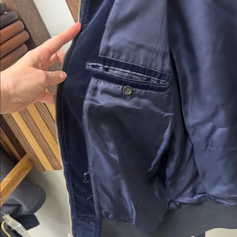 J. Crew Ludlow Navy Velvet Bomber Jacket with Tuxedo Stripe, size L